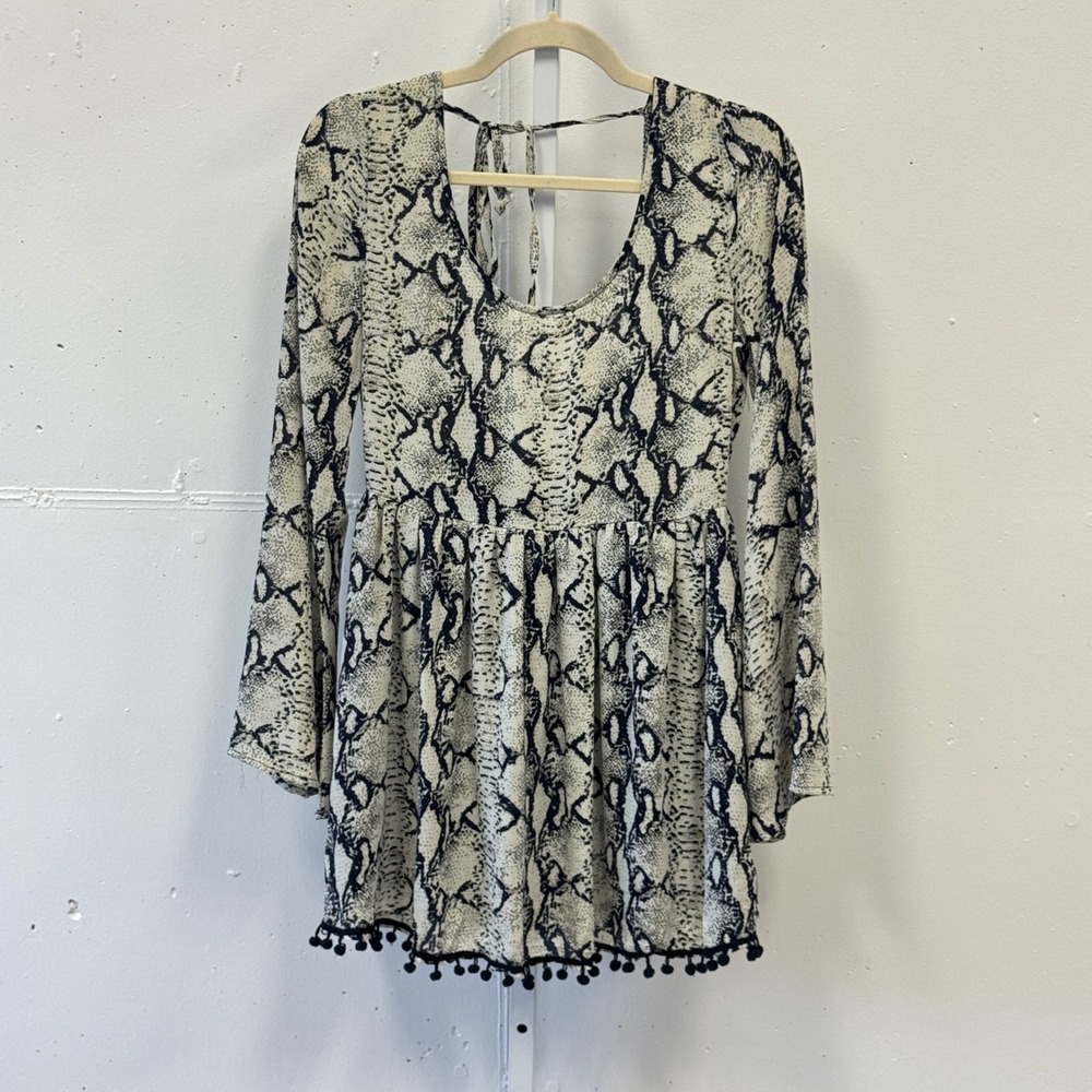Tobi Snakeskin Print Mini Dress Grey Black Pom Pom Trim Long Sleeve Small